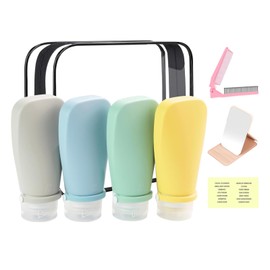 Kit de Botellas de Viaje de Silicona 90ml, Exprimibles y Rellenables con Estuche, Incluye Espejo, Peine Plegable y Etiquetas, para Champú y Acondicion