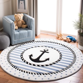 SAFAVIEH Carousel Kids Collection Area Rug - 4' Round, Ivory & Navy, Non-Shedding & Easy Care, Ideal for High Traffic Areas for Boys & Girls in Playroom, Nursery, Bedroom (CRK124A)