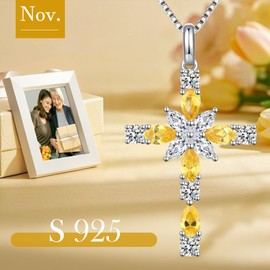 JiaYang Angel Wings Cross Necklace Women's Silver 925 Infinity Cross Pendant Chain Girls Birthstone Zirconia Necklace Religious Cross Jewellery Christian Gift for Women with Gift Box, Cubic Zirconia,