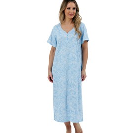 Marlon Womens Linzi Long Plus Size Soft Cotton Knitted Jersey Nightdress With Buttons, Linear Blue, 16-18