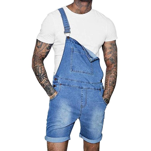Runcati Mens Denim Shorts Bib Overall Jean Romper Casual Loose