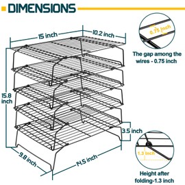 P&P CHEF Cooling Rack, 5-Tier Stainless Steel Stackable Baking Cooking Racks for Cooling Roasting Grilling, Collapsible & Heavy Duty, Oven Safe & Easy Clean, 15" x 10", Black