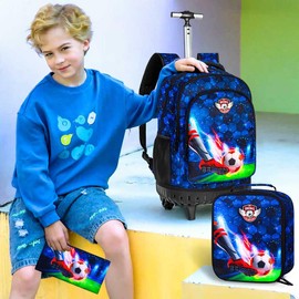 CCJPX 3PCS Rolling Backpack for Boys, 21 Inch Soccer Water Resistant Backpacks with Roller Wheels, Football Wheeled Bookbag for Teens Elementary School Travel-Blue