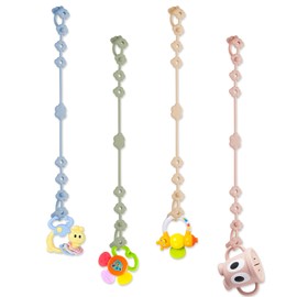 Jkevow Toy Straps for Baby, 4 Pack Adjustable Silicone Toy Safety Straps for Stroller, High Chair, Car Seat, Teething Toy, Cribs, Food Grade Silicone, BPA Free, Multi Colors (Blue+Green+Beige+Pink)