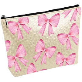 CREATCABIN Make Up Bags with Bow Canvas Cosmetic Bag Multi-Purpose Bag Zip Bags Pink Bow Toiletry Bag Travel Storage Bag Purse Portable Storage 25 x 18 cm