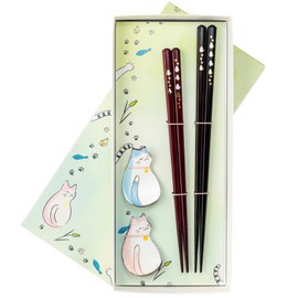S-86130 Dishwasher Safe Couple Chopsticks, Natural Wood, Pair Set, 9.1 inches (23 cm), 8.3 inches (21 cm), Includes Chopsticks Rest, Black, Wine, Made in Japan