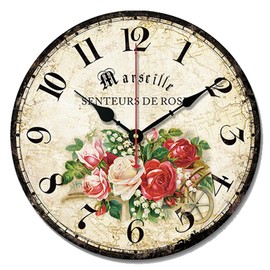SWHONG Shabby Chic Floral Wall Clocks, Vintage Round Wooden Silent Clock for Living Room Bedroom Home Kitchen Decor Gift, 10 Inch