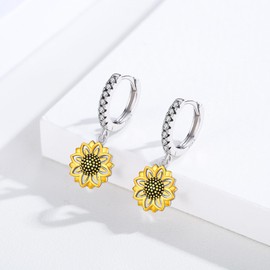 Kootwo Sunflower Hoop Earrings 925 Sterling Silver, Hypoallergenic Sunflower Cubic Zirconia Hoop Earrings, Jewelry Gift for Women Lady