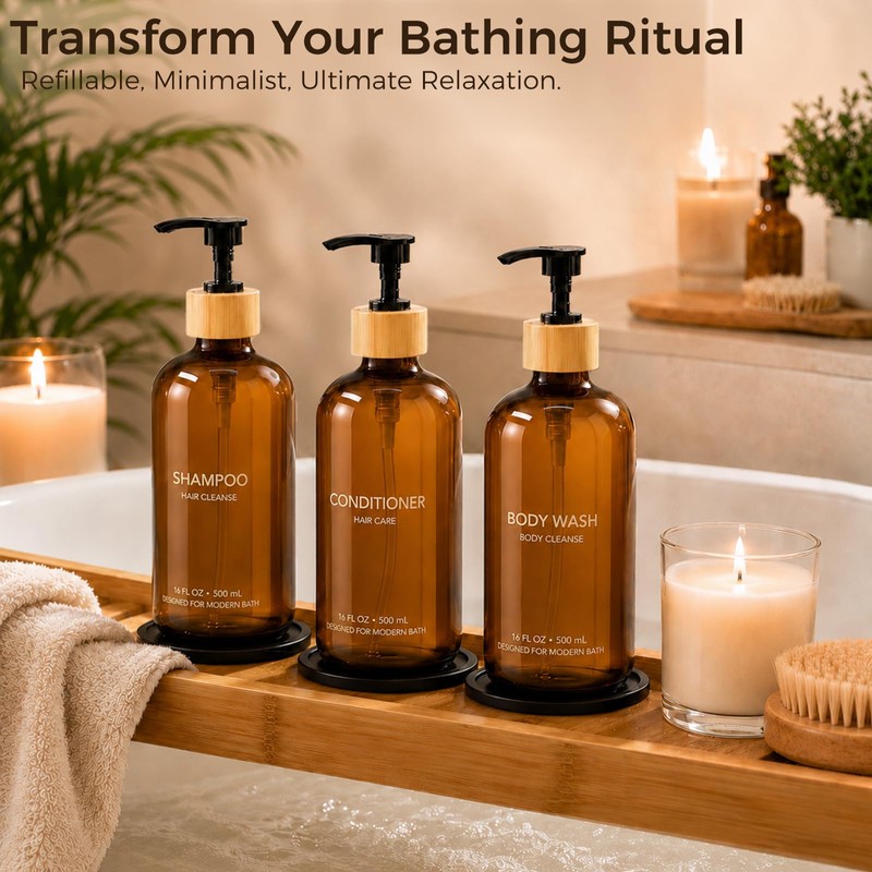 TBWIND 4 Pack 16oz Amber Glass Shampoo Dispenser Set with