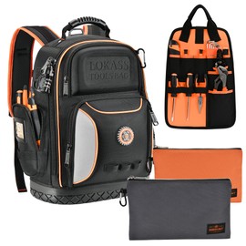 Tool Bag Backpack with 2 Canvas Tool Pouch Tool Kit, 75 Pockets & Loops Heavy Duty Tools Organizer/HVAC Tool Carrier for Eelectrician/Construction Work with Molded Base and Combination Lock, Black