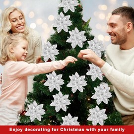 Christmas Poinsettia Flowers Glitter Artificial Flowers Silver 16PCS Xmas Poinsettia Flowers Decoration Large Christmas Tree Ornaments Xmas Garland Wreaths DIY Decor