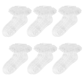 QKURT 6 Pairs Girls Frilly Ankle Socks, Kids White Ballet Ruffle Lace Socks Baby Girls Children's Dance Laces Cotton Sock Multicolor Laces Ballet Sock Little Ladies Lace Dance Stockings 1-9 Years