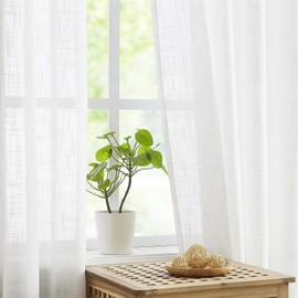 Lino Cortinas Translucidas Paquete De 2 Juego Poliéster Tela, Ligero Vertical Cortinas Con Ojales En La Parte Superior Para Barra, Cortina Para Sala, Dormitorio, Cocina, Baño (Blanco, 132 X 214 Cm)