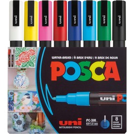 uni POSCA PC-3M Water-Based Paint Markers, Reversible Fine Tip (0.9-1.3mm), Assorted Colors, 8 Pack