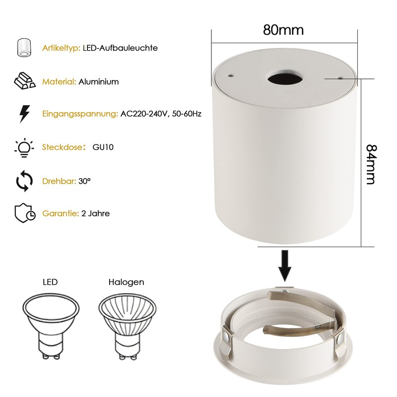 Gleonlux LED Surface-Mounted Spotlight, Flat Swivelling Spot Light, 230 V