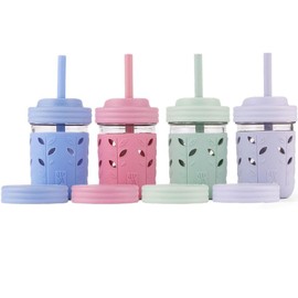 Elk and Friends Kids + Toddler Glass Cups | The Original 8oz Glass Mason Jar with Sleeves + Lids | Silicone Straws + Stopper | Smoothie Cup | Food Storage | Spill Resistant | Dishwasher Safe | 4 Pack