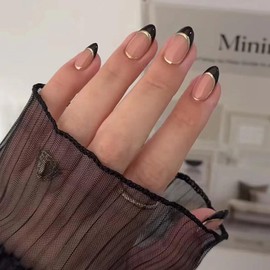 ANDGING Black Press on Nails Short Oval French Tip Fake Nails with Gold Line Designs Almond Glue on Nails for Women Manicure Pressons Nails Full Cover False Nails Acrylic Stick on Nails for Wedding