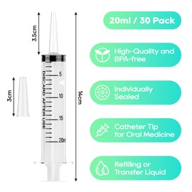 JOLLY PARTY 30 Pack 20mL Syringes, Plastic Syringes with Catheter Tip and Cap, Individually Sealed Feeding Syringe For Dogs, Measuring Syringe For Liquid, Scientific Labs, Refilling, Dispensing