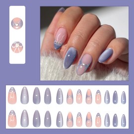 MouyouGlow Press on Nails Short, Almond Cat Eye Baby Blue French Bow Tie Bow Tie Diamond Magnetic Fake Nails with Nail Glue, Blue Tips Rhinestone Phototherapy Artificial Fingernails