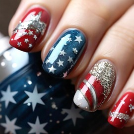 Independence Day Press on Nails Short Square Fake Nails with Designs Glitter Stars Glue on Nails Stripes Acrylic Nails Full Cover Stick on Nails for Women Patriotic Nail Art Decoration 24Pcs