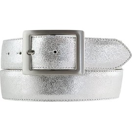 BELTINGER High-Quality Belt Metal Look with Double Buckle 4 cm Leather Belt Metallic Look 40 mm Genuine Leather Metal Leather Belt, Silver