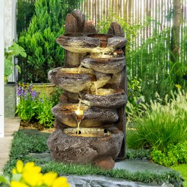 Dephet Outdoor Cascading Rock Water Fountain, 6-Tiers Fountains and Waterfalls with LED Lights, Indoor Freestanding Resin Waterfall Feature w/Pump for Patio, Garden, Backyard, Deck, Porch, Home Decor