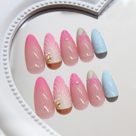 LPOODDNU Almond Press on Nails Medium 3D Handmade Fake With Stereoscopic Shell & Starfish Designs Glossy Pink French Acrylic Medium Almond Glue on Cute Stick on for Women