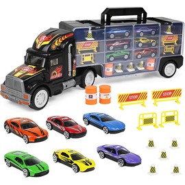 Click N' Play Transport Car Carrier Truck, Loaded with Cars, Road Signs & More. Holdup To 28 Cars. Jumbo 22" Long , Black