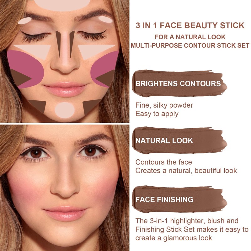 3 Colors Cream Contour Stick, Shades with Highlighter Stick,Blush Stick