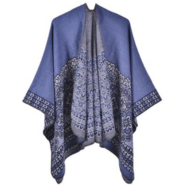 Shmily Girl Women Shawl Wrap Open Front Poncho Cape Cardigan Sweater for Winter Fall（Style12-Blue）