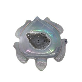 Mooseman Minerals Agate Geode Turtle Carving, 2 x 2 inches, Titanium Coated with Druzy Quartz Crystal Cavity. Collectable Figurine Geode Decor.