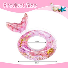 WenYa 20 Inch Mermaid Inflatable Float Rings for Kids, Mermaid Inflatable Pool Rings with Glitter for Kids Swimming Pool Water Sports (Pink)