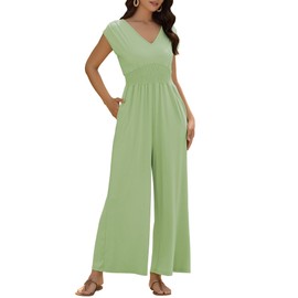ZAFUL Women's Summer Fashion Clothes 2025 V Neck Sleeveless Loose Jumpsuits Smocked Waist Air Essentials Long Pants Romper with Pockets Lightgreen S