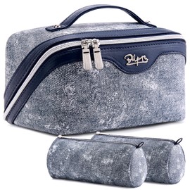 BOYATU Travel Makeup Bag Cosmetic Bags for Women: 3 Sets Large Capacity Make up Bag - Portable Toiletry Bags with Handle for Women(F-4-Dark Blue)