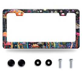 Watercolor Mushroom License Plate Frame Personalise Colorful License Plate Holder Funny License Plate Stainless Steel Car Accessories with Screws for Men Women Car Decoration 12.3" x 6.3"