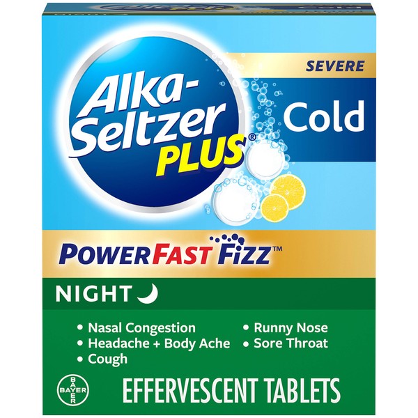 ALKA-SELTZER PLUS Severe Night Cold PowerFast Fizz Effervescent Tablets, Lemon, 20 Count