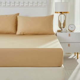 LILYPEACH Solid Fitted Sheet Only, 100% 600 Thread Count Egyptian Cotton Fitted Sheet with Two Pillowcases (Camel, King (U.S. Standard))