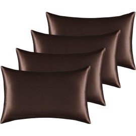 4 Pack Both Side Silky Pillowcase Silk Satin 4 Pack Pillow Cover for Hair and Skin Anti Wrinkle Zipper Closure… (Coffee, Queen-20 * 30Inch)