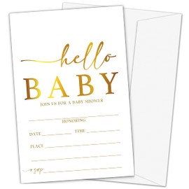 ZIIUFRN Baby Shower Invitations with Envelopes(4" X 6"), 25 Sets Modern Gold Hello Baby Boy Girl Gender Neutral Baby Shower Invite-A06