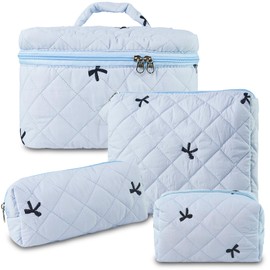 GISMTR Travel Makeup Bags, Cute Bow Cosmetic Organizer Bag, 4-Set Large Capacity Make up Bag Quilted Toiletry Bag for Women Girls, Blue