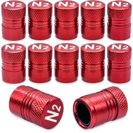 MEAJOO 12PCS N2 Nitrogen Logo Tire Valve Stem Caps, Premium Alloy Stem Covers, with Plastic Liner Corrosion Resistant Leak-Proof, Universal for Cars, SUVs, Bikes, Trucks and Motorcycles (Red)