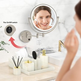 Rocollos 8" Plug-in Wall Mounted Lighted Makeup Mirror 1X/10X Magnification, Double Sided LED Vanity Mirror for Bathroom, 3 Color Dimmable 360°Swivel Extendable Mirror