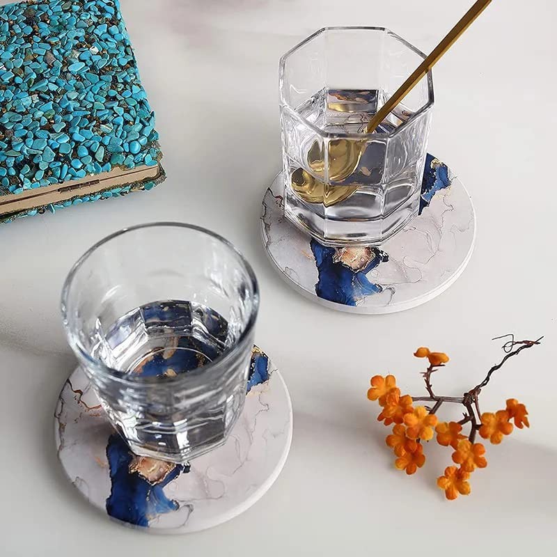 Set of 4 Ceramic Drink Coasters Blue White Gold Marble