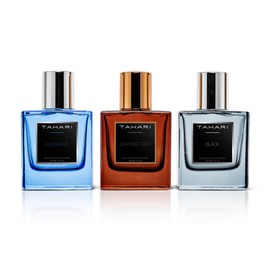 TAHARI Men’s Eau de Toilette Trio Set for Men – Leather Oud, Aquawave & Black Scents – Luxury Fragrance Collection with Rich, Long-Lasting, Contemporary Masculine Aromas, 3 x 1.0 fl oz / 3 x 30 mL.