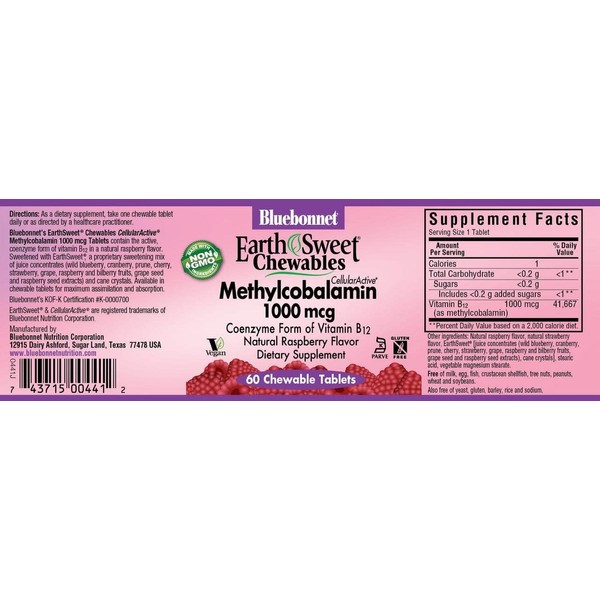 Bluebonnet EarthSweet Methylcobalamin Chewable Tablets, Natural Raspberry, 60 Count