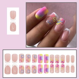 24Pcs Valentine's Day Fake Nails White French Tip Press on Nails Short Square False Nails with Gradient Love Circle Acrylic Nails Colorful Heart Glue on Nails French Stick on Nails for Women Girls