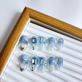 Yabonica Blue Rhinestone Press On Nails Medium Coffin,10Pcs Hand Made Pre Designed Press On Nails- Luxury Glue On Nail with Cute Design,Acrylic Stick On Nails for Women Girls Gift (071, S)