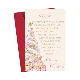 FSSDAS Beautiful Merry Christmas Card for Niece with Envelope, Warm Xmas Card for Niece, Pink Gifts for Niece Christmas from Uncle Aunt, Funny Holiday Card for Niece