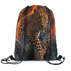 Erosebridal Leopard String Backpack 3D Animal Printed Draw String Back Bag Burning Flames Drawstring Backpack Wild Animal Drawstring Bags For Sport Gym Swim Yoga,13X15.7 Waterproof Reversible