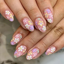 24Pcs Flower Press on Nails Short Fake Nails Colorful Daisy Glue on Nails Floral Acrylic Nails Almond Shape False Nails Spring Stick on Nails Cute Artificial Nails for Women Girls Wear Manicure Kit